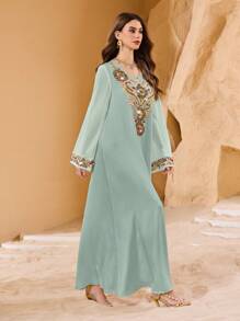 Al Najma V-Neck Rhinestone & Sequins Embellished Bell Sleeve Flared Hem Arabic Style Dress Fall Cloth For Women - Mint Green - View 6