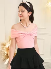 Blusa elegante con nudo y lazo asimétrico de punto para niñas preadolescentes, camisa rosa, estilo francés de moda, blusa dulce para volver a la escuela, a juego con mamá - Rosa - Ver 2