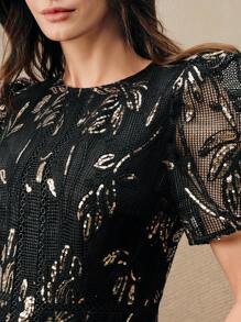 Anewsta Women Elegant Floral Lace Patchwork Sequins Rope Embroidered Round Neck Short Sleeve Dress - Black - View 3