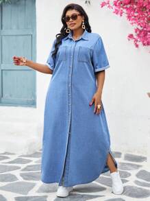 SHEIN CURVE+ 大码休闲前扣牛仔连衣裙 - 中等水洗藍 - 查看 3