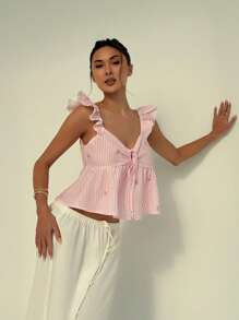 Aloruh Nouvelle mode Top babydoll évasé à manches à volants, taille marquée, nœud papillon et dos nu