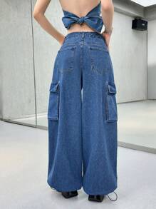 SHEIN EZwear Women's Ultra Low Rise Cargo Pants, Blue - Dark Wash - View 2