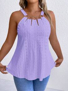 EMERY ROSE Plus Size Casual Solid Color Hollow Embroidery Tank Top - Mauve Purple - View 3
