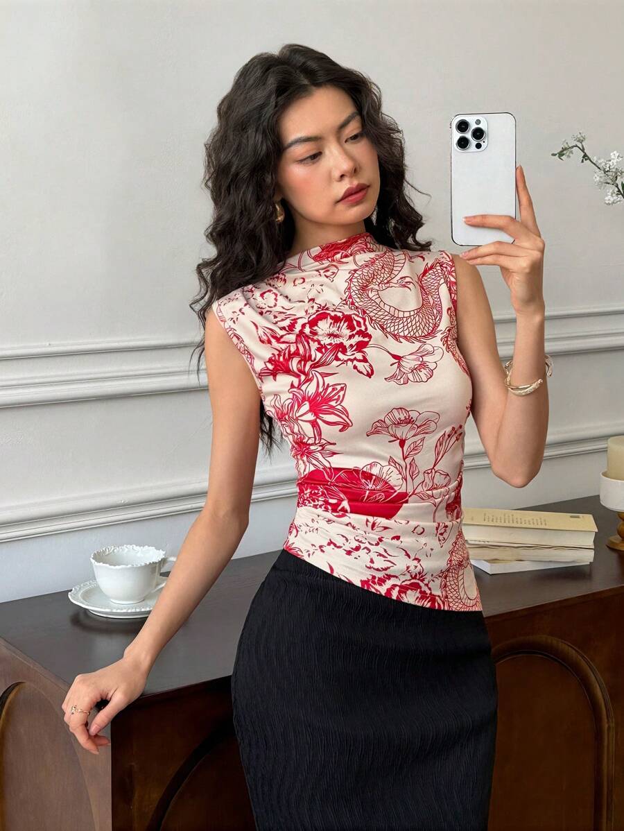 EastFlair Damen Kurzarm Lässig T-Shirt mit Blumen- und Chinesischem Drachen Muster, Kragen, Damen Sommer Geburtstag Elegant Chinesischer Stil Muster Top