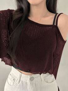 DAZY Women's Asymmetric Asymmetrical Shoulder T-Shirt, Minimalist Fashion Design Suitable For Summer Long Sleeve Women Tops,Fall Women Clothes Crop Women Tops