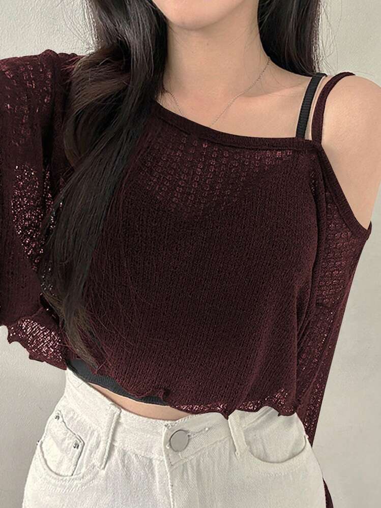 DAZY Camiseta asimétrica de hombro para mujer, diseño de moda minimalista adecuado para tops de mujer de manga larga de verano, ropa de mujer de otoño, tops cortos para mujer - Rojo violeta - Añade 3