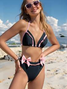 SHEIN Teen Girls' Black Contrast Color Elegant Vacation Bowknot Strap Bikini Set, Suitable For Beach, Holiday - Black - View 4