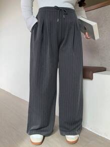 Dazy Plus Trekkoord Taille Losse Gestreepte Casual Lange Broek, Alle Seizoenen