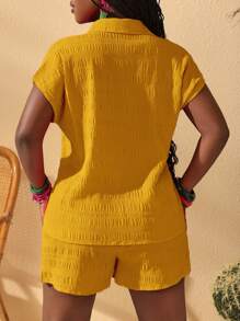 Slaydiva New Casual Vacation Loose Textured Fabric Button Front Blouse And Knotted Shorts Suit For Women, Summer,Summer Sets - Yellow - View 2