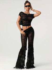 SHEIN ICON 波西米亚风度假女装春夏女士音乐会女装海滩女装超低腰纹理针织透明流苏装饰喇叭腿紧身加长裤 - 黑色 - 查看 5