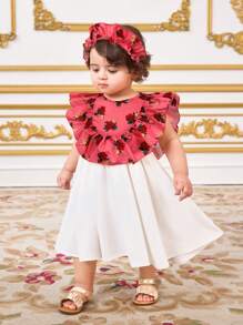 SHEIN 女婴碎花荷叶边连衣裙（带头带和包袋）3 件套，夏季 - 彩色 - 查看 5