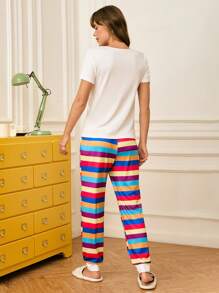 2pcs Women Stripe Pajamas Set, Minimalist And Fashionable, Suitable For Summer - Multicolor - View 4