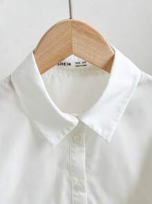 SHEIN Tween Girl Oversized Casual Minimalist Comfort Turndown Collar Pleated Short Sleeve Cropped Blouse, Tween Girl - White - View 5