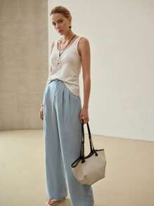 MOTF PREMIUM PANTALONES CON BOLSILLO INCLINADO Y PLIEGUES PLEGADOS DE LINO - Azul - Ver 7