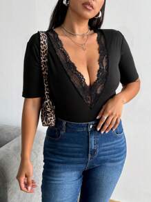 Flirla Plus Size Women Deep V-Neck Lace Patchwork Sexy Short Sleeve Black T-Shirt