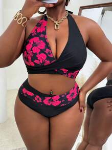 Slaydiva Conjunto de bikini de 2 piezas con parte superior estampada con flores en contraste y Bottom sólida para mujer de talla grande, conjunto de playa y vacaciones de verano - Negro - Ver 5