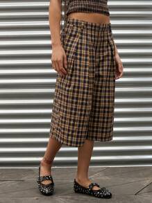 COUREZ 修身常规版型格纹牛仔短裤 Y2K 复古风 - 彩色 - 查看 2