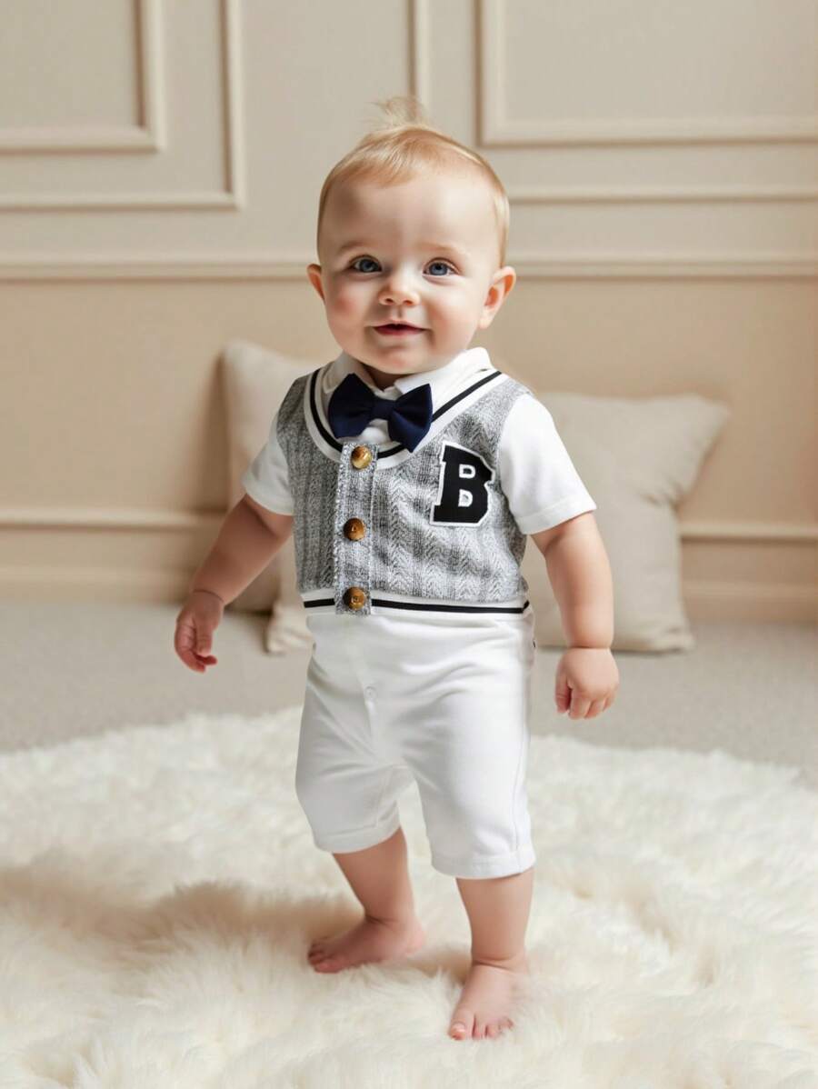 Baby Jungen Kleidung: Einfarbiger, kabelgestrickter Jacquard-Strickpullover, Zweiteiler mit V-Ausschnitt ärmellose Kontrast-Rüschen-Hemdkragen, Holzflecken-Strickjacke, einfarbiger kurzärmeliger Romper, Sommer Sport Retro Lässig Street Stil Marine Fliege 1 Stück, geeignet für Gentleman, Outdoor, Schule, Urlaubstragen - Grau - Übersicht 1