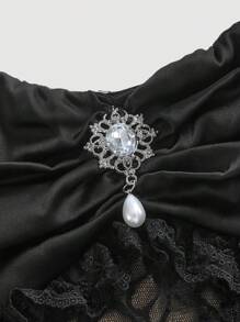 SHEIN MOD 女士复古黑色蕾丝珍珠纽扣装饰紧身胸衣、束身衣、荷叶边上衣、新年女装、度假女装、束身衣、新年上衣 - 黑色 - 查看 3