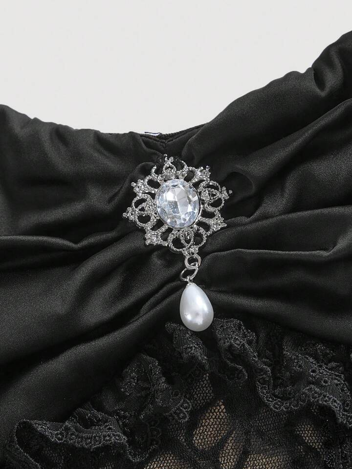 SHEIN MOD Women's Vintage Black Lace Pearl Button Trimmed Bustier,Corset,Ruffle Top,New Years Women Outfit,Vacation Outfits Woman,Corset,New Years Top