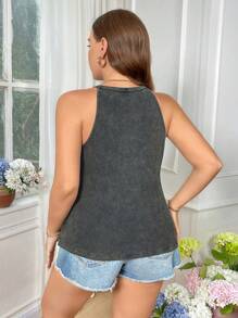 SHEIN LUNE Top de tirantes sin mangas con hombros abiertos de tela desgastada de talla grande, vestimenta versátil al estilo "viejo dinero" para mujeres, atuendos para brunch, para el aeropuerto, estilo vaquero de algodón para el verano, para graduaciones, primavera y verano, Pascua, vacaciones