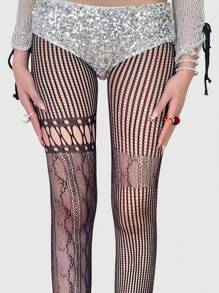 ROMWE Grunge Punk Bas résille sexy ajourés style années 2000, collants noirs patchwork à la mode, leggings polyvalents
