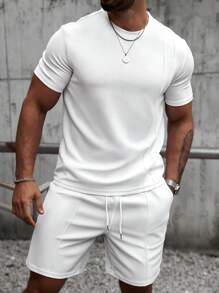 Manfinity CasualCool 男士夏季基本款纯色针织休闲圆领短袖两件套西装，适合日常休闲穿着，适合送给老公和男朋友的礼物，男士白色套装 - 白色 - 查看 5