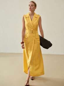 MOTF PREMIUM LINEN BELTED DOUBLE BREASTED DRESS