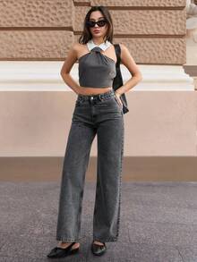 Cottnline 100%Cotton Solid Straight Leg Slant Pocket Casual Jeans - Grey - View 4