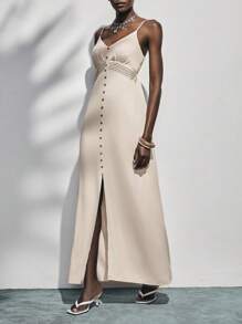 Lumivelle 女式杏色吊带背心、后背纽扣、收腰、前开衩、中长连衣裙，春夏 - 杏色 - 查看 5