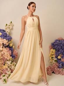 SHEIN Belle 优雅纯色高开叉露背伴娘礼服 - 杏色 - 查看 3