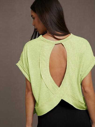 SHEIN Essnce Women's Casual Solid Color Hollow-Out Bat Wing T-Shirt, Summer