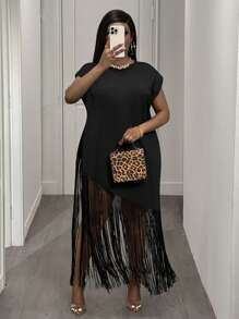 Slaydiva Plus Size Loose Solid Black Long Tasseled T-Shirt Dress, Casual For Spring/Summer Vacation - Black - View 3