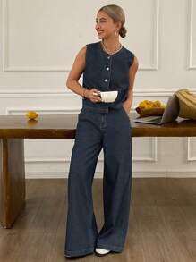 Livesso 女式夏季无袖开襟牛仔背心和牛仔裤两件套休闲装 - 中等水洗藍 - 查看 2