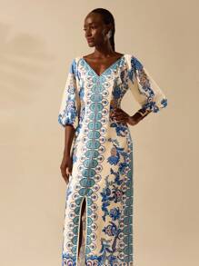 CAJUNI 女士波西米亚风格热带花卉印花 V 领泡泡袖宽松连衣裙