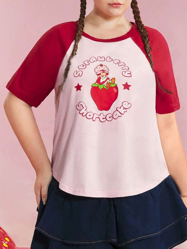Strawberry Shortcake X SHEIN Plus Size Summer Casual Contrast Raglan Sleeve Strawberry Print Pink T-Shirt Cute Tops For Women Women Plus Summer Dress Women Tee Strawberry Tee Women Rave Outfits Festival/Concert Outfit Women/ Rave Outfits/Country Concert Outfit/Nashville Outfits/Coachella Outfits/Ibiza Outfits