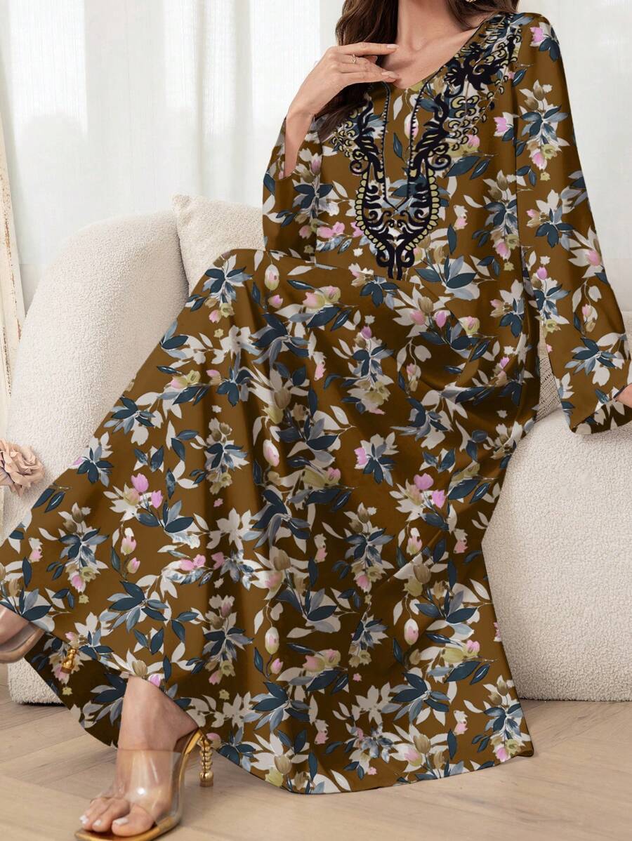 Al Najma 女士阿拉伯风格简约休闲连衣裙，适合夏季，端庄 - 棕色 - 查看 1