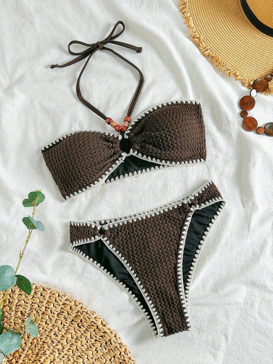 Soleia 女士比基尼沙滩装 2 件套泳衣和泳裤，适合夏季海滩和度假 - 棕色 - 查看 1