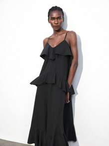 Maija Đầm suông không tay viền bèo nhún màu trơn đơn giản cho nữ - màu đen - Xem 4