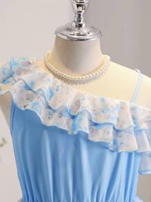 SHEIN Tween Girls' Elegant Rose Floral Print Sleeveless High Waist Ruffled Chiffon Mini Dress, Blue, Suitable For Flower Girl Wedding - Blue - View 5