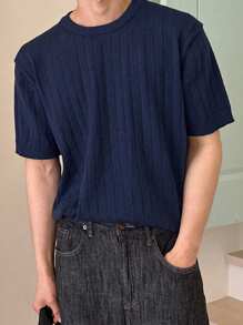 DAZY Men's Casual Solid Color Knitting Sweater For Summer - Navy Blue - View 4