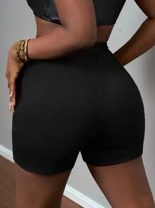 Slaydiva Einfache, lässige, Basic Sport-Shorts mit niedlichem Monster-Grafikdruck, elastischem Bund und Zugband für Frauen - A - Schwarz - Übersicht 2
