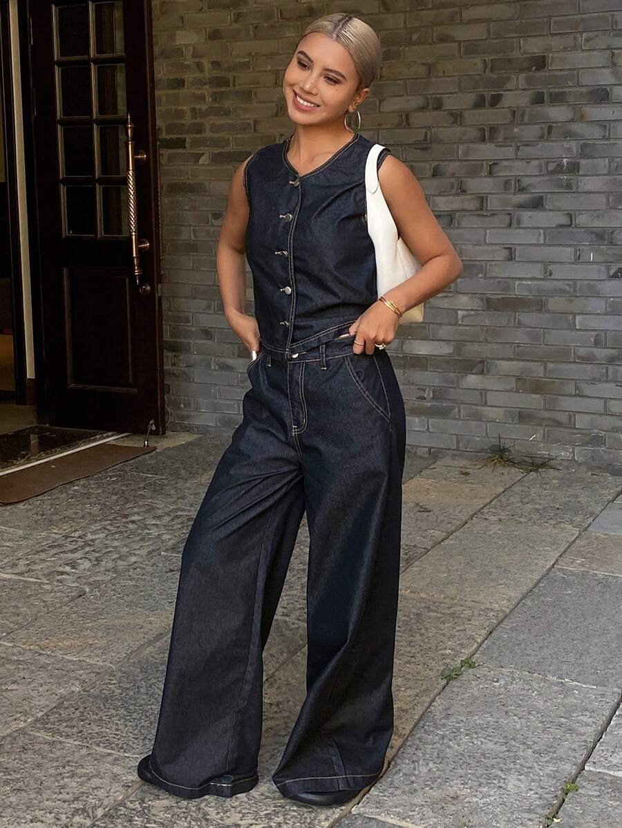 DAZY Women Denim Vest And Pocket Decorated Wide Leg Denim Pants Set - Black - View 1