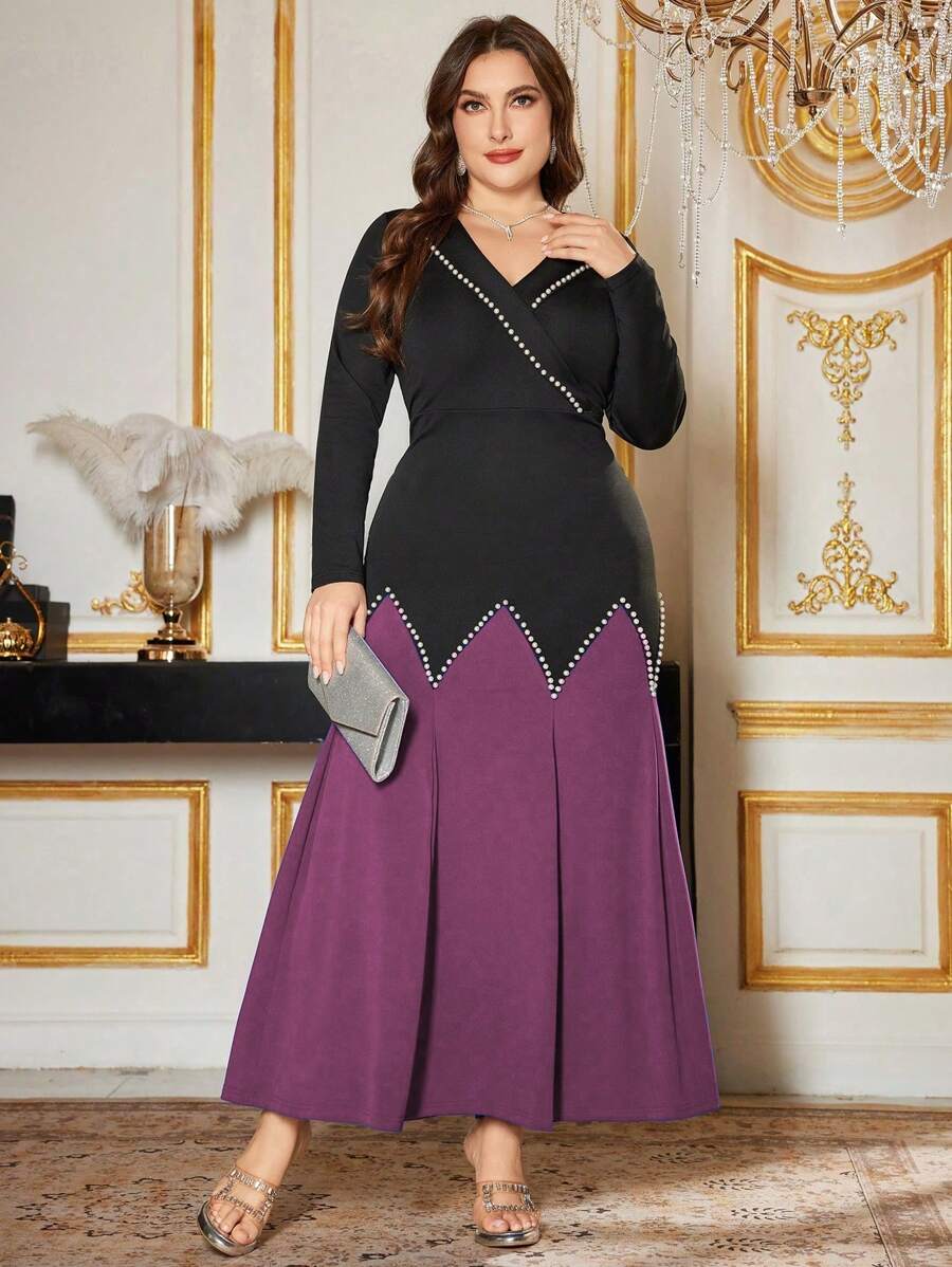 Modelyn Plus Size Elegant V-Neck Romantic Pearl Splice Fish Tail Evening Dress - Red Violet - View 1
