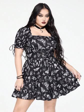 Gothic Floral Skull Print Puff Sleeve Lolita Dress, Plus Size