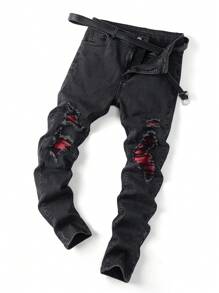 SHEIN Tween Boy Fashion Casual Base Comfortable Soft Cut Out Ripped Frayed And Red Patchwork Design Black Denim Stretch Skinny Jeans For Boy Soft Dailywear And Kids Summer And Spring Clothes