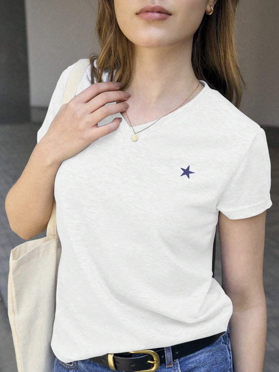 Jouncy Women's Casual Star Print V-Neck Short Sleeve T-Shirt, Suitable For Summer - White - View 1