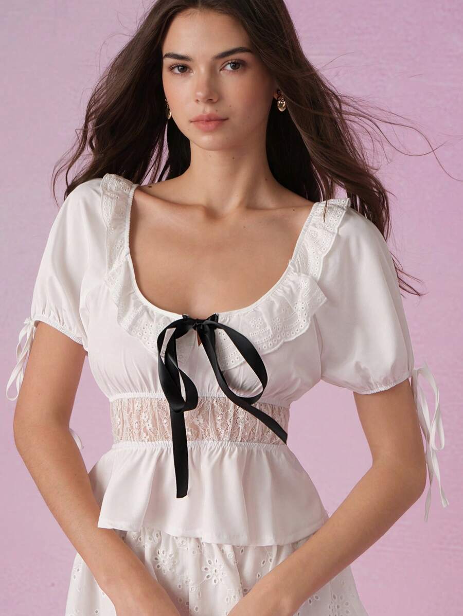 SHEIN MOD 白色田园性感衬衫,带蕾丝前襟,乡村女装,波西米亚风格,音乐节,春假,早午餐,西部女装,圣帕特里克 - 白色 - 查看 1