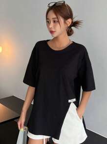 DAZY 字母贴片细节开衩下摆T恤学院风上衣 - 黑色 - 查看 8