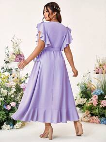 Cravure Abito da donna con arricciatura al fondo, monocolore, con cintura in vita, senza maniche, elegante, vestito da matrimonio, abito da ospite di matrimonio, taglie forti